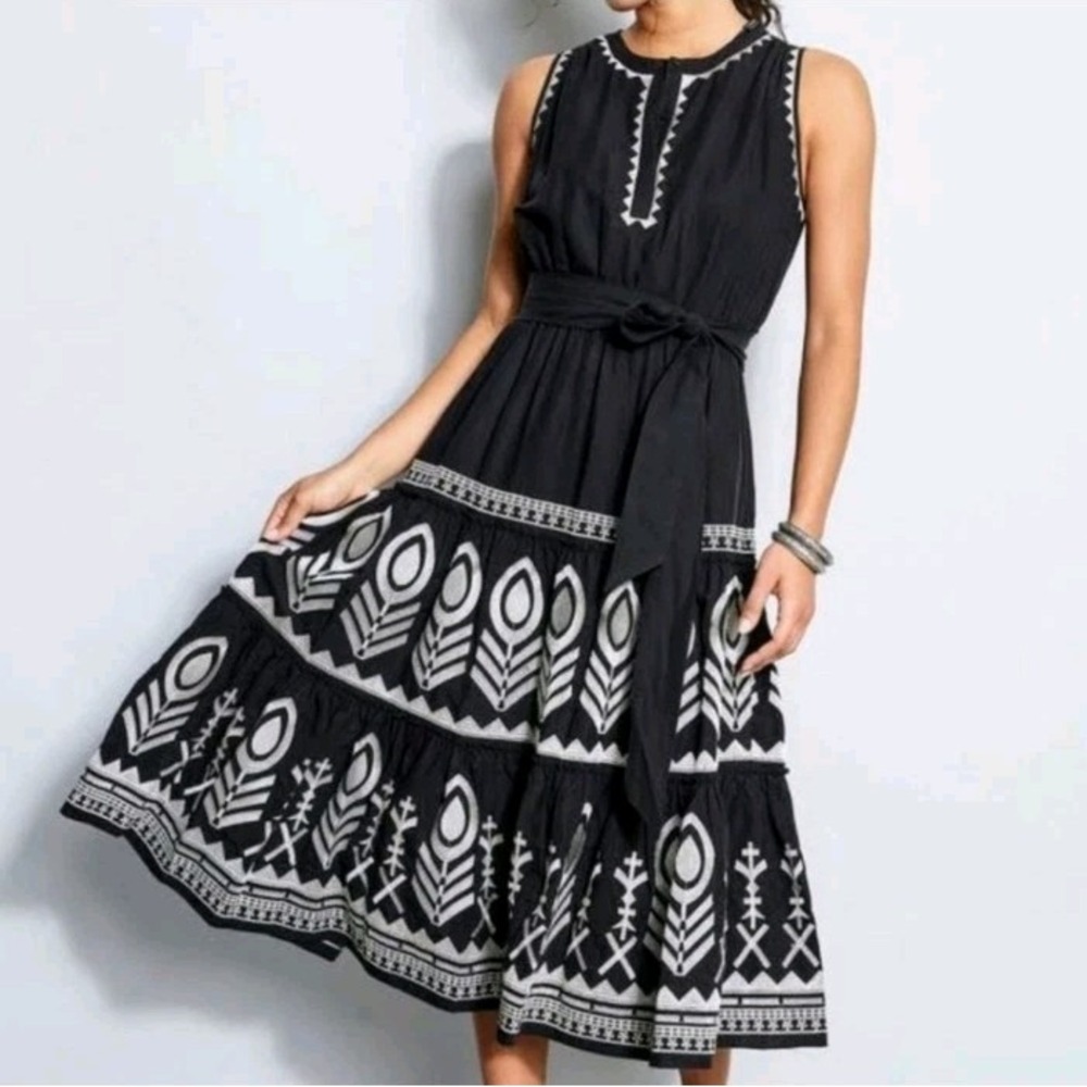 Elie Tahari Women's 6 Linen Blend Embroidered Tiered Dress Belted Sleeveless‎
